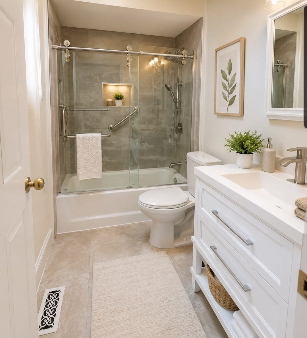 Finished bathroom with tiled tub-shower, glass doors, white vanity and framed art